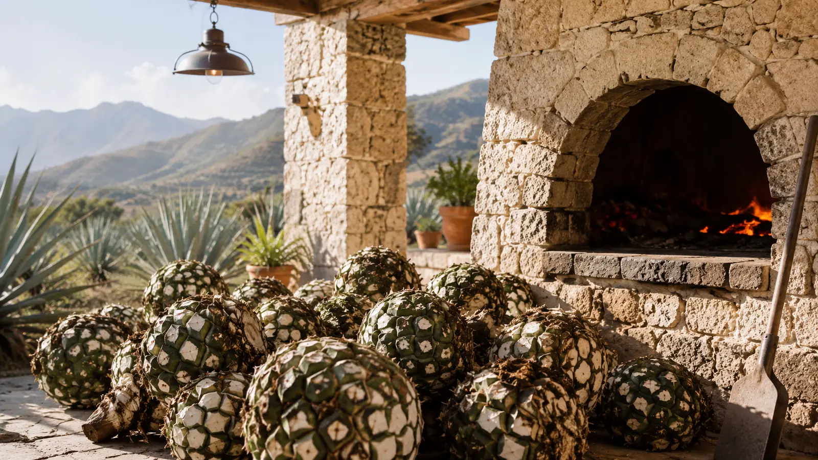 Harvested agave piñas beside a stone oven